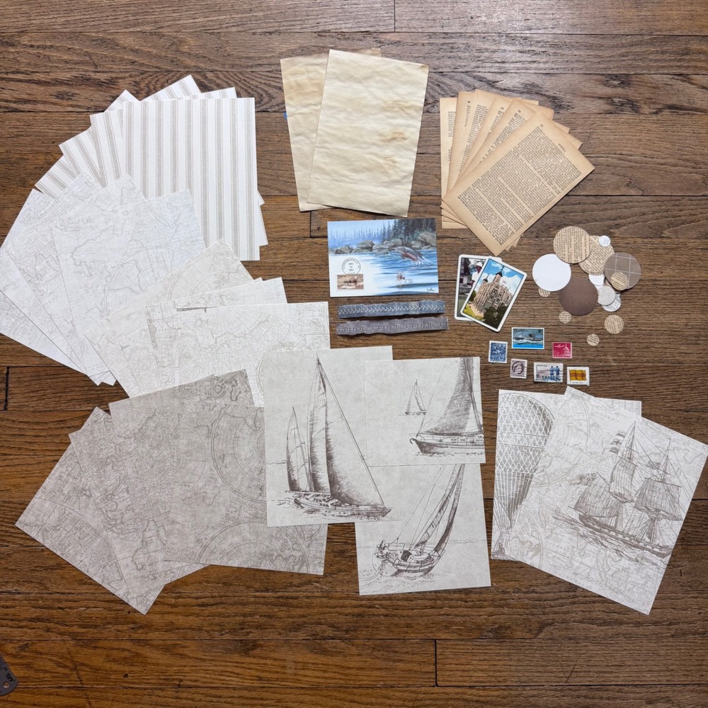 Junk journal Wallpaper, stamps, circles, cards postcard ephemera pack 2325